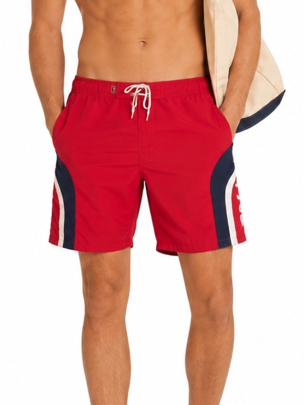 Tommy Hilfiger Men’s Red White Blue Slash Pockets Mesh Lined Board Short…